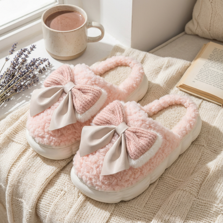 Cute Pink Fluffy Slippers with Bows - Cozy Indoor House Shoes for Women