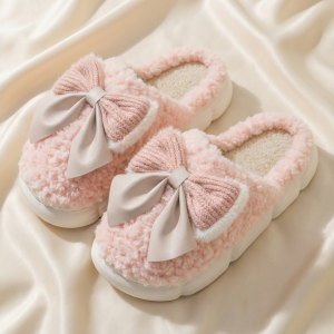 Cute Pink Fluffy Slippers with Bows - Cozy Indoor House Shoes for Women