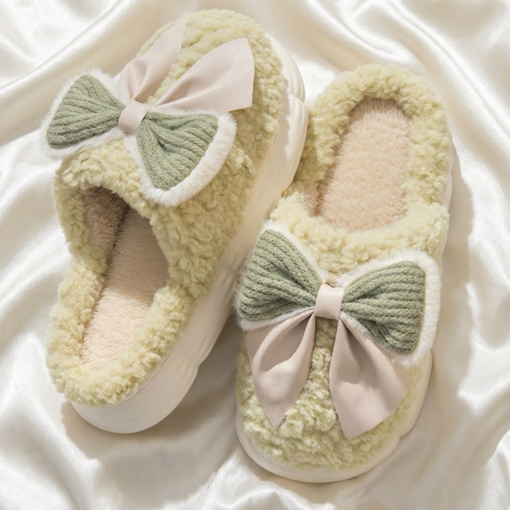 Cute Pink Fluffy Slippers with Bows - Cozy Indoor House Shoes for Women