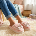 Cute Pink Fluffy Slippers with Bows - Cozy Indoor House Shoes for Women