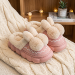 Cute Pink Bunny Pom-Pom Slippers - Cozy & Adorable Plush House Shoes for Women