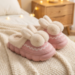Cute Pink Bunny Pom-Pom Slippers - Cozy & Adorable Plush House Shoes for Women