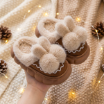 Cute Pink Bunny Pom-Pom Slippers - Cozy & Adorable Plush House Shoes for Women