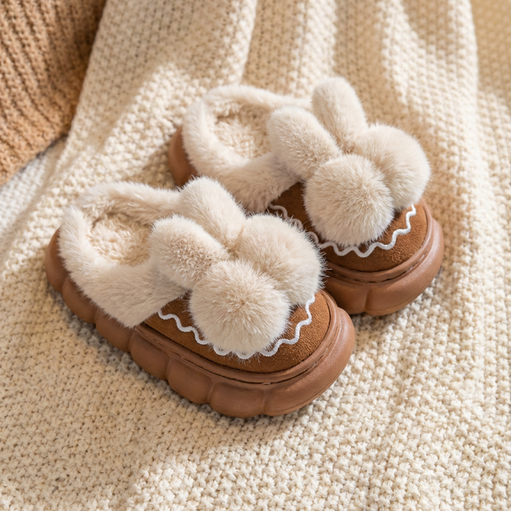 Cute Pink Bunny Pom-Pom Slippers - Cozy & Adorable Plush House Shoes for Women