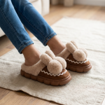 Cute Pink Bunny Pom-Pom Slippers - Cozy & Adorable Plush House Shoes for Women