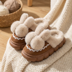 Cute Pink Bunny Pom-Pom Slippers - Cozy & Adorable Plush House Shoes for Women