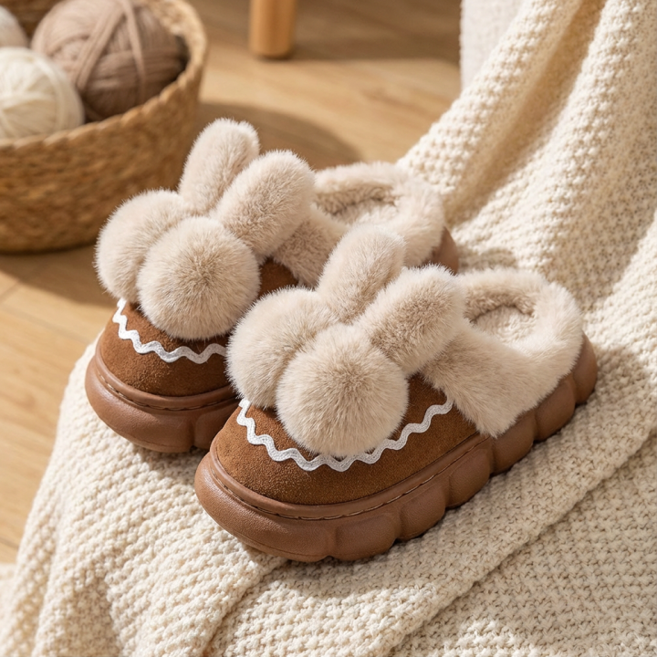 Cute Pink Bunny Pom-Pom Slippers - Cozy & Adorable Plush House Shoes for Women
