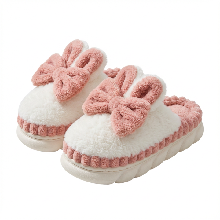 Cozy White & Pink Fluffy Bunny Slippers with Bows - Adorable Plush House Shoes for Women (Blue & Pink)