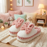 Cozy White & Pink Fluffy Bunny Slippers with Bows - Adorable Plush House Shoes for Women (Blue & Pink)