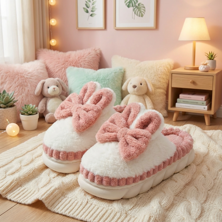 Cozy White & Pink Fluffy Bunny Slippers with Bows - Adorable Plush House Shoes for Women (Blue & Pink)