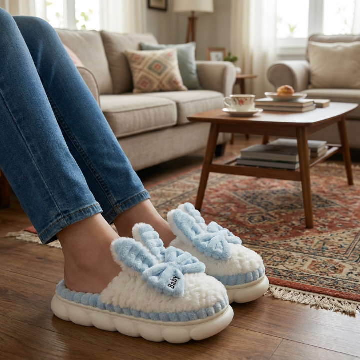 Cozy White & Pink Fluffy Bunny Slippers with Bows - Adorable Plush House Shoes for Women (Blue & Pink)