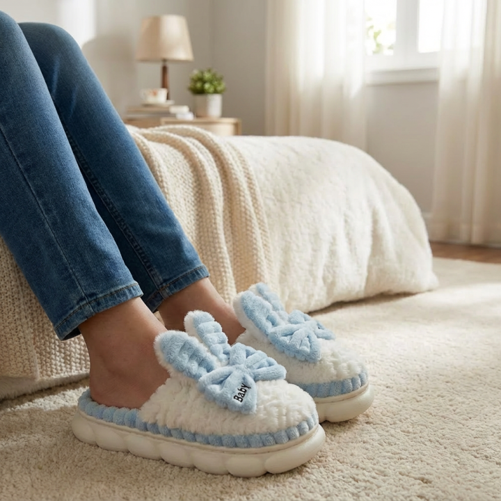 Cozy White & Pink Fluffy Bunny Slippers with Bows - Adorable Plush House Shoes for Women (Blue & Pink)