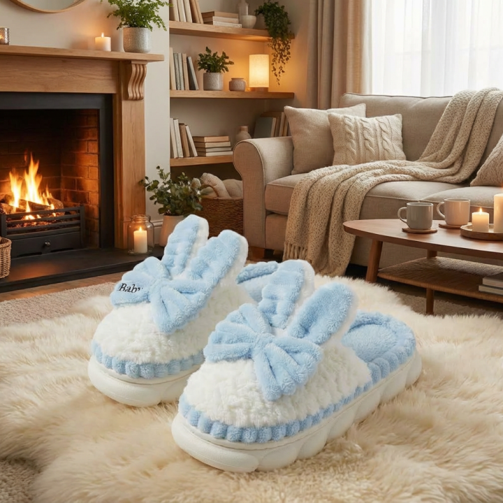 Cozy White & Pink Fluffy Bunny Slippers with Bows - Adorable Plush House Shoes for Women (Blue & Pink)