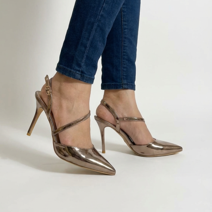 Metallic Bronze Criss-Cross Strap Pointed Toe Slingback Heels