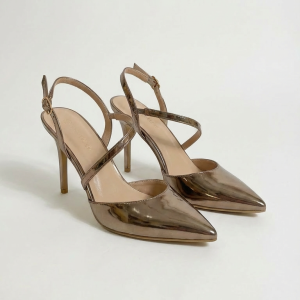 Metallic Bronze Criss-Cross Strap Pointed Toe Slingback Heels