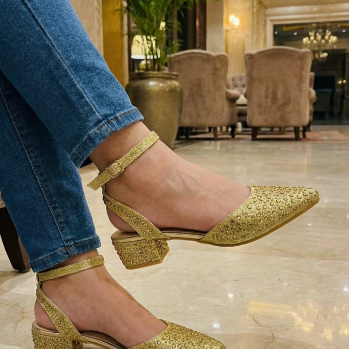 Sparkling Bronze Glitter Slingback Heels with Criss-Cross Straps