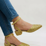 Sparkling Bronze Glitter Slingback Heels with Criss-Cross Straps