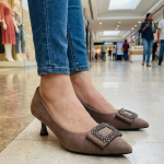 Elegant Taupe Suede Pointed-Toe Pumps with Embellished Buckle - Women's Low Heel Dress Shoes