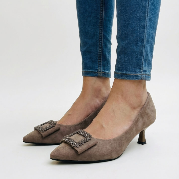 Elegant Taupe Suede Pointed-Toe Pumps with Embellished Buckle - Women's Low Heel Dress Shoes
