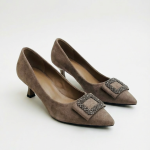 Elegant Taupe Suede Pointed-Toe Pumps with Embellished Buckle - Women's Low Heel Dress Shoes