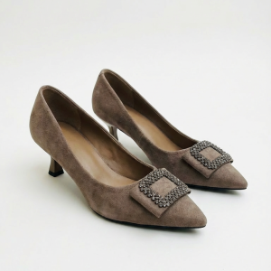 Elegant Taupe Suede Pointed-Toe Pumps with Embellished Buckle - Women's Low Heel Dress Shoes