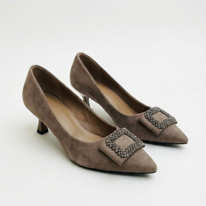 Elegant Taupe Suede Pointed-Toe Pumps with Embellished Buckle - Women's Low Heel Dress Shoes