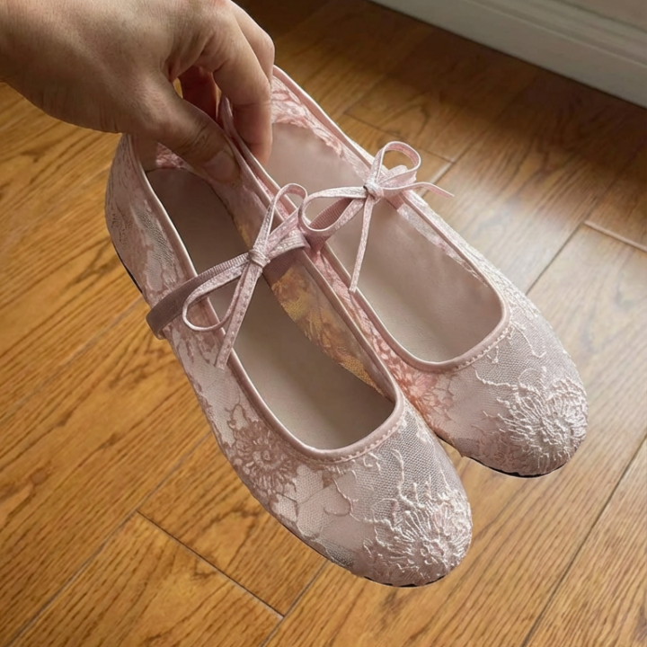 Elegant Pink Lace Ballet Flats with Satin Ribbon Ties - Women's Romantic Mary Jane Shoes (Off White & Pink))