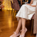 Elegant Pink Lace Ballet Flats with Satin Ribbon Ties - Women's Romantic Mary Jane Shoes (Off White & Pink))