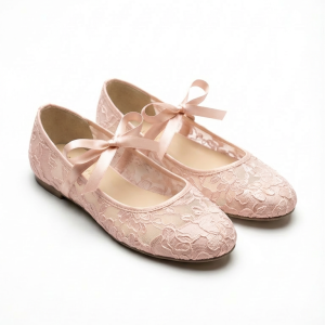 Elegant Pink Lace Ballet Flats with Satin Ribbon Ties - Women's Romantic Mary Jane Shoes (Off White & Pink))
