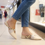 Elegant Beige Pointed Toe Mules with Gold & Glitter Straps - Low Block Heel Slip-Ons