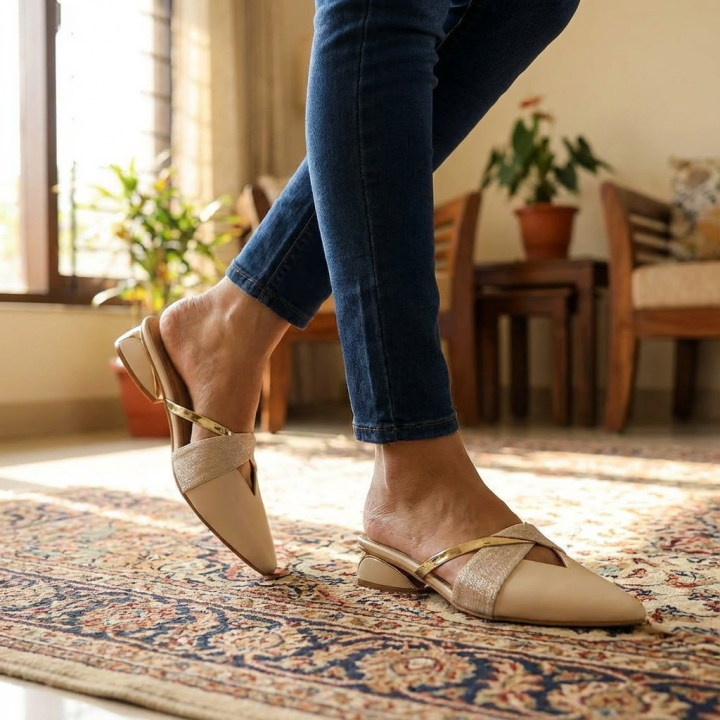 Elegant Beige Pointed Toe Mules with Gold & Glitter Straps - Low Block Heel Slip-Ons