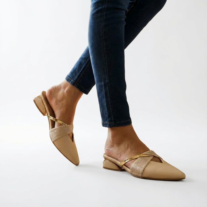 Elegant Beige Pointed Toe Mules with Gold & Glitter Straps - Low Block Heel Slip-Ons