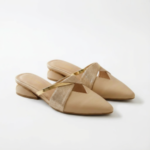 Elegant Beige Pointed Toe Mules with Gold & Glitter Straps - Low Block Heel Slip-Ons