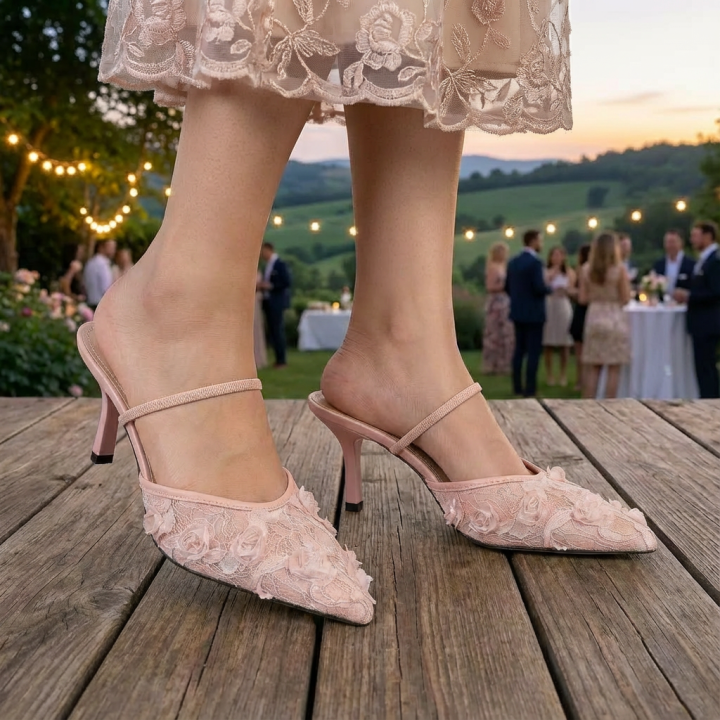 Elegant Pink Floral Lace Pointed Toe Heels with 3D Rose Appliques - Women's Romantic Stiletto Pumps