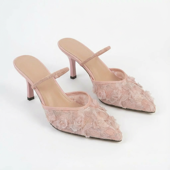 Elegant Pink Floral Lace Pointed Toe Heels with 3D Rose Appliques - Women's Romantic Stiletto Pumps